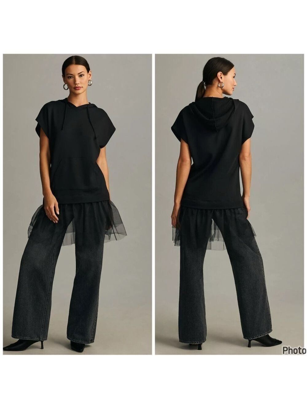 Pilcro Tulle Short-Sleeve Sweatshirt Black Size Large Anthropologie - Picture 2 of 12